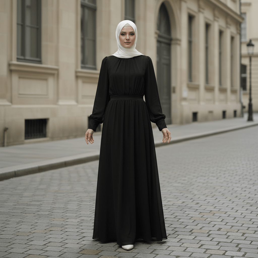 Abaya Robe Princesse en Mousseline Blanche à Manches Lanternes | Élégante Abaya Style Cour Française Fée du Printemps (MA180)