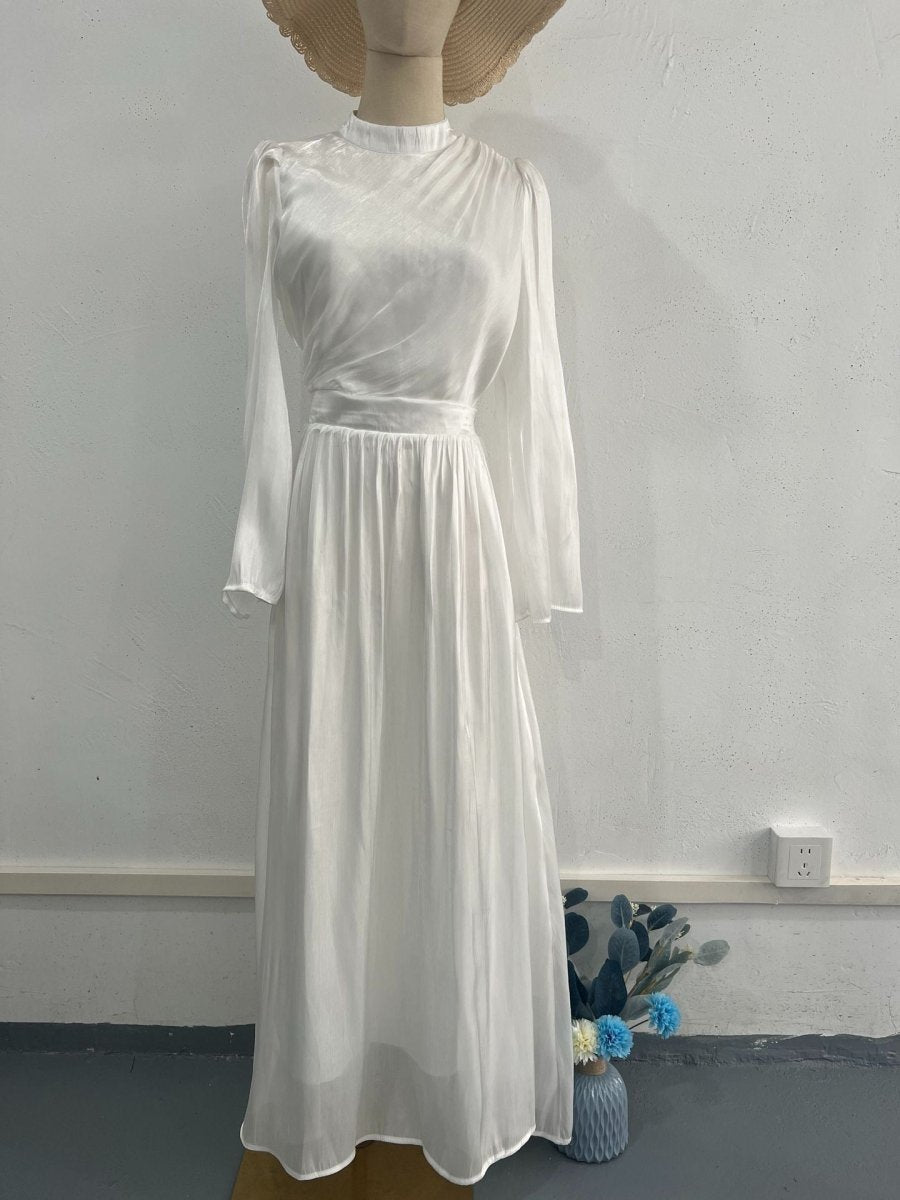 Robe Abaya élégante à col cheminée, taille plissée et manches évasées, tenue idéale pour invitée de mariage (MA199)