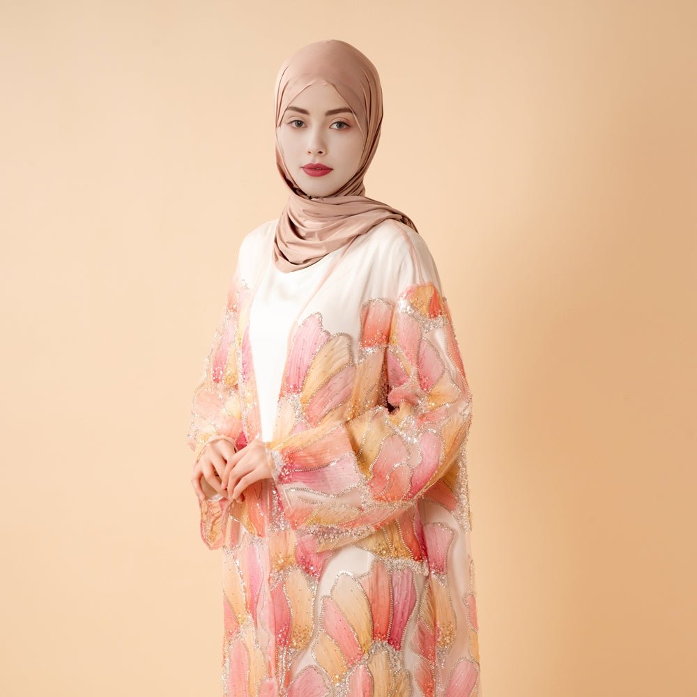 Abaya Ouverte Brodée Main Petal Glow — Collection Secret Garden (MOA295)