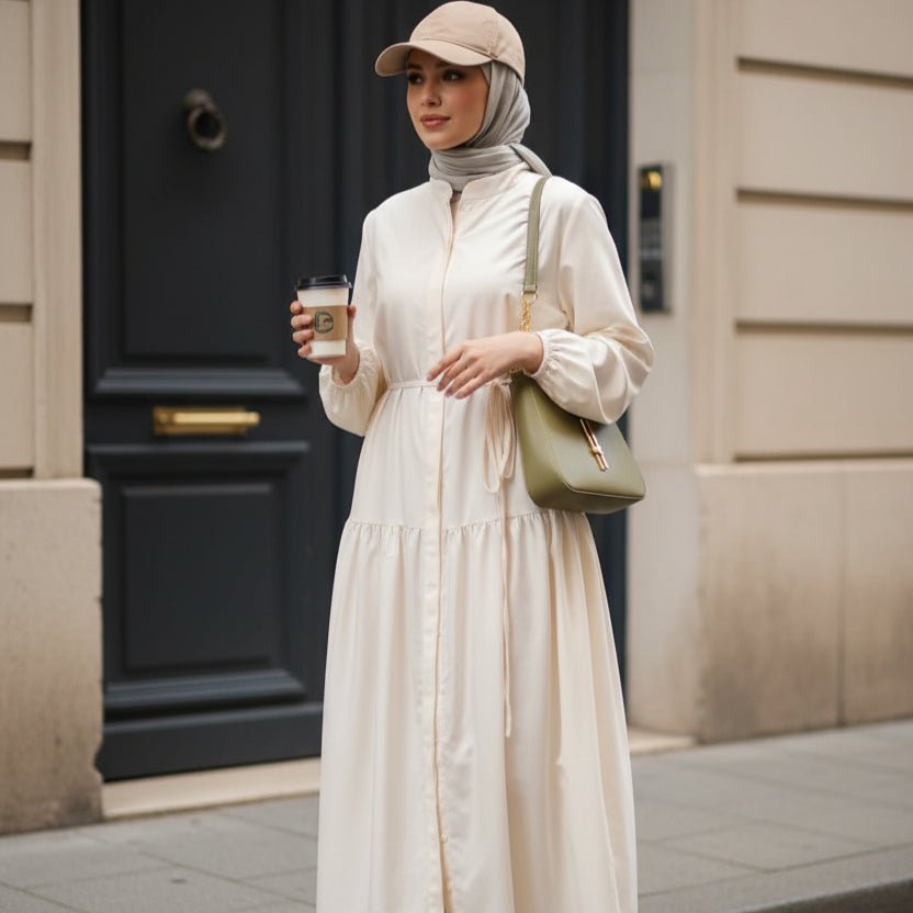Robe Abaya Maxi Trench Cintrée en Ligne A avec Poches (MA422)