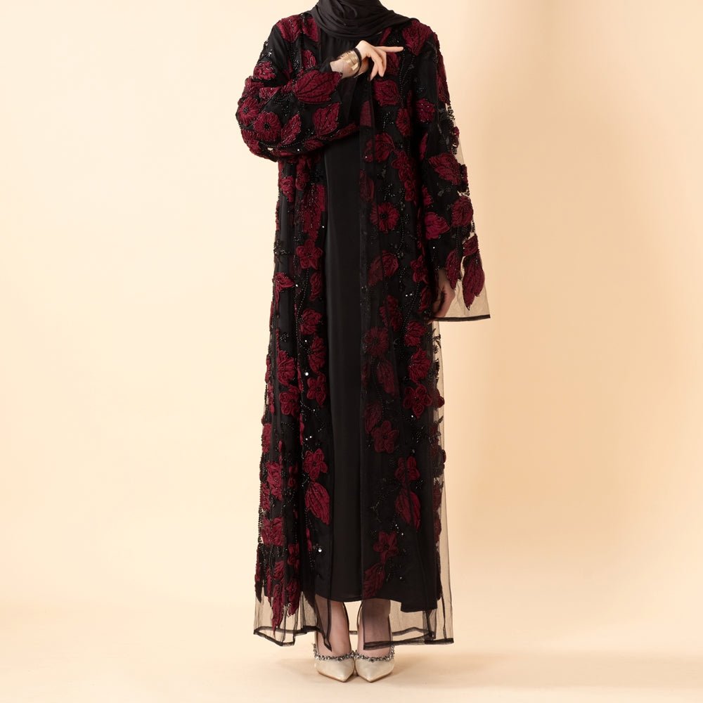 Abaya ouverte de luxe couture ornée de fleurs 3D (MOA300)