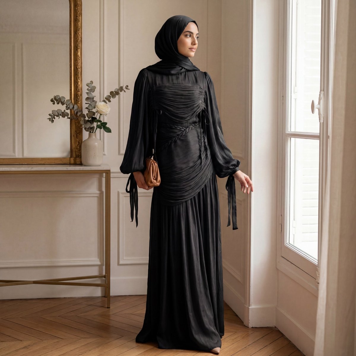 Robe Maxi à Col Tressé, Fronces et Franges (MS406)