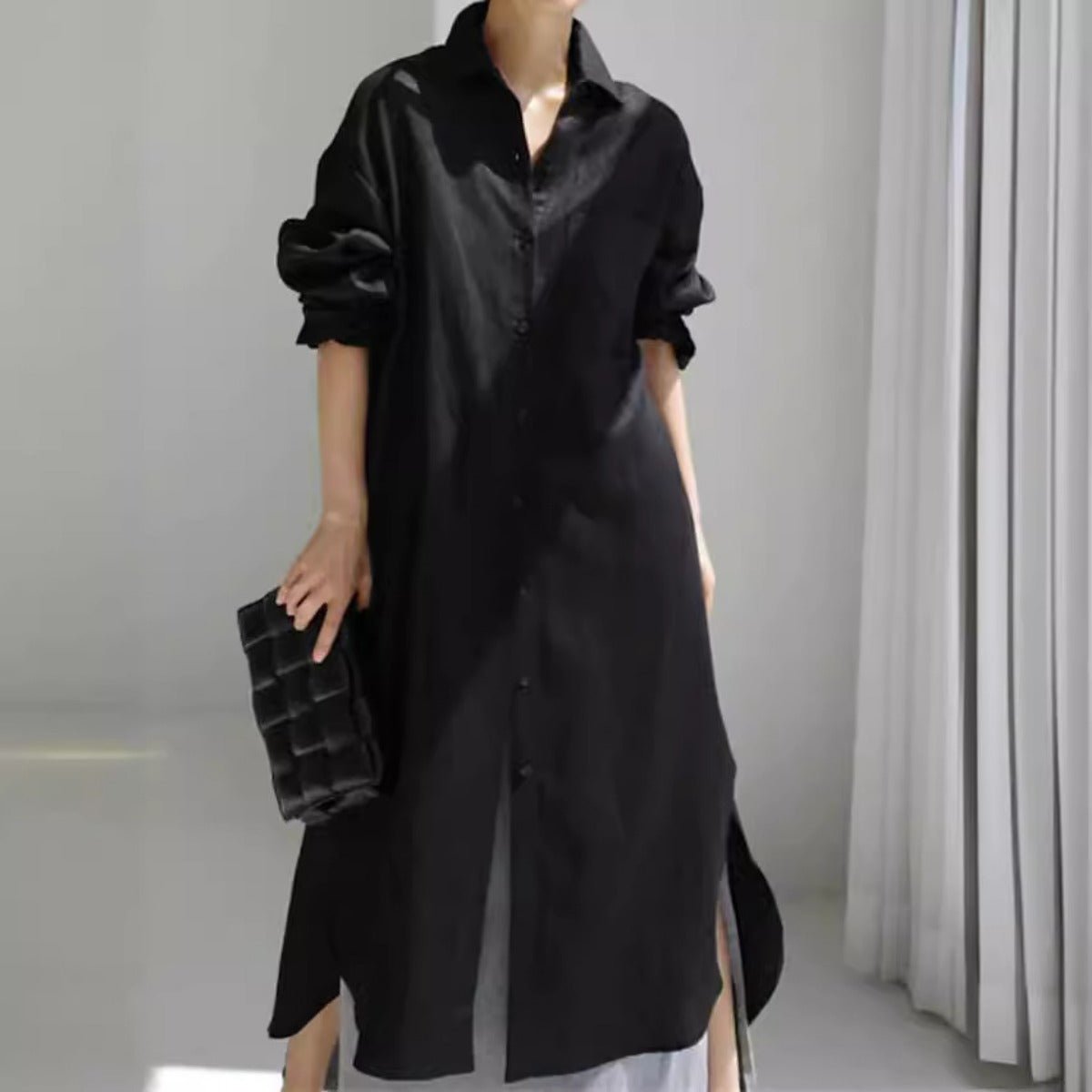 Robe-chemise décontractée et élégante en lin mélangé pour musulmanes | Maxi robe modeste boutonnée devant avec fentes latérales (MS096)