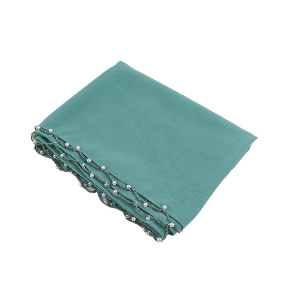 Hijab en Chiffon Uni avec Bordure Perlée Délicate, Vague Ornée de Perles (MH139)