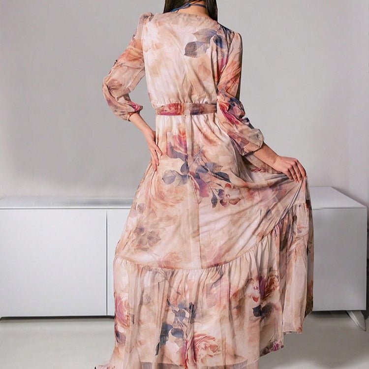 Robe Longue Col en V Motif Floral Aquarelle (MS372)