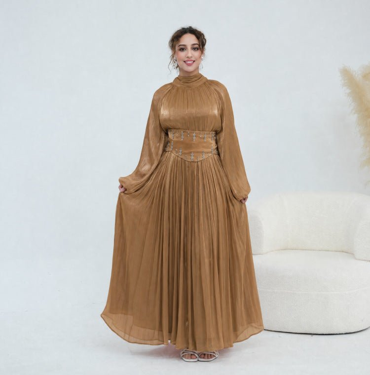 Robe maxi à manches bouffantes et large ceinture ornée de cristaux (MS477)