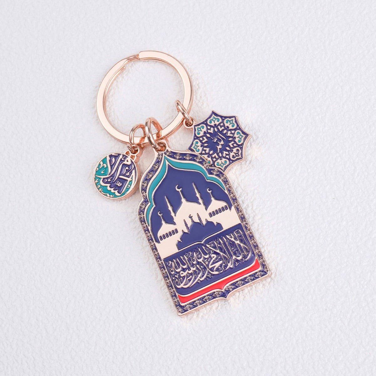 Porte-clés Mosquée pour Voiture | Chapelet de Prière Islamique en Perles Doré Rose avec Breloque Mosquée en Émail Bleu (MAC254)