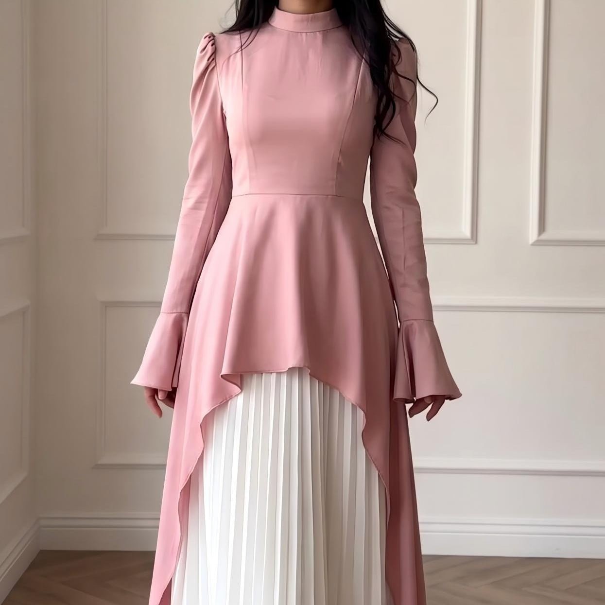 Robe Maxi Plissée Peplum Rose & Ivoire (MS512)