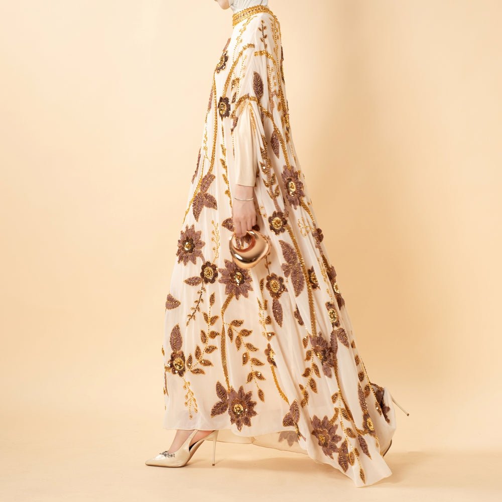 Abaya Floral aux Perles Brodées avec Manches Chauve-Souris Drapées(MA453)