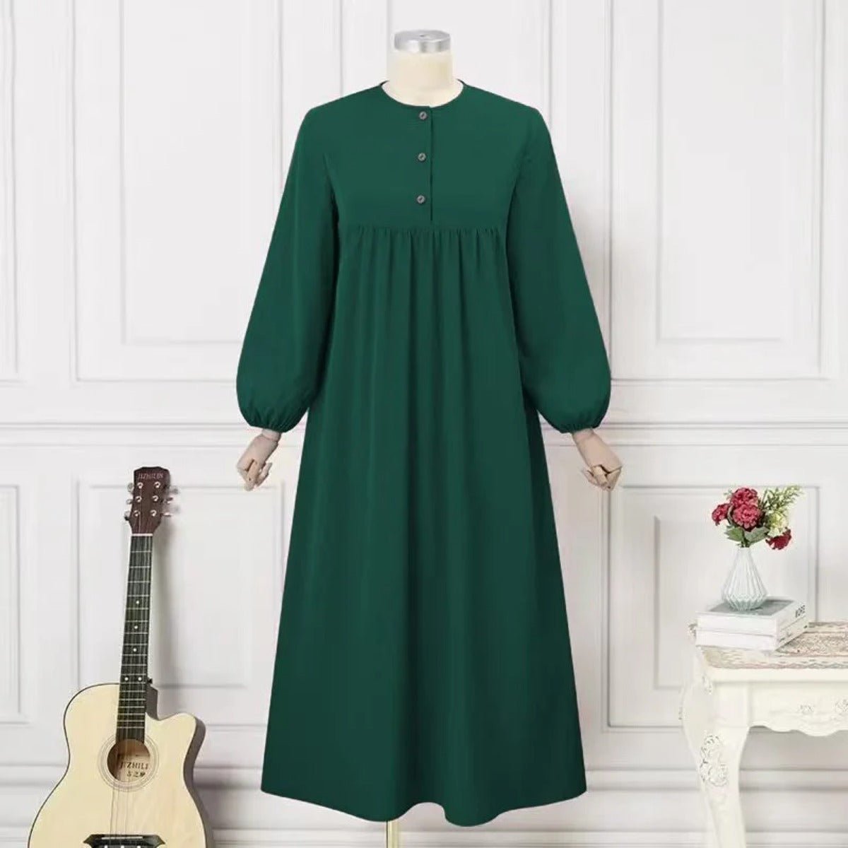 Robe Abaya Maxi Longue Unie à Manches Bouffantes et Boutons, Casual et Élégante (MA157)