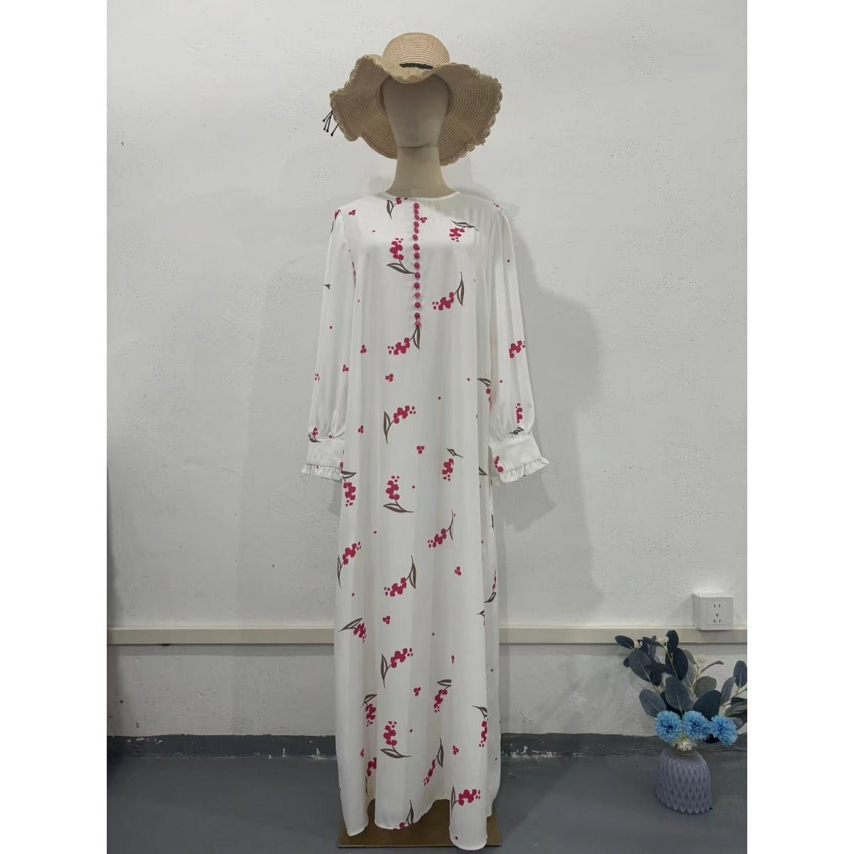 Robe Longue Élégante à Manches Volantées, Motif Floral Rose Romantique, Robe Modeste Abaya (MA227)