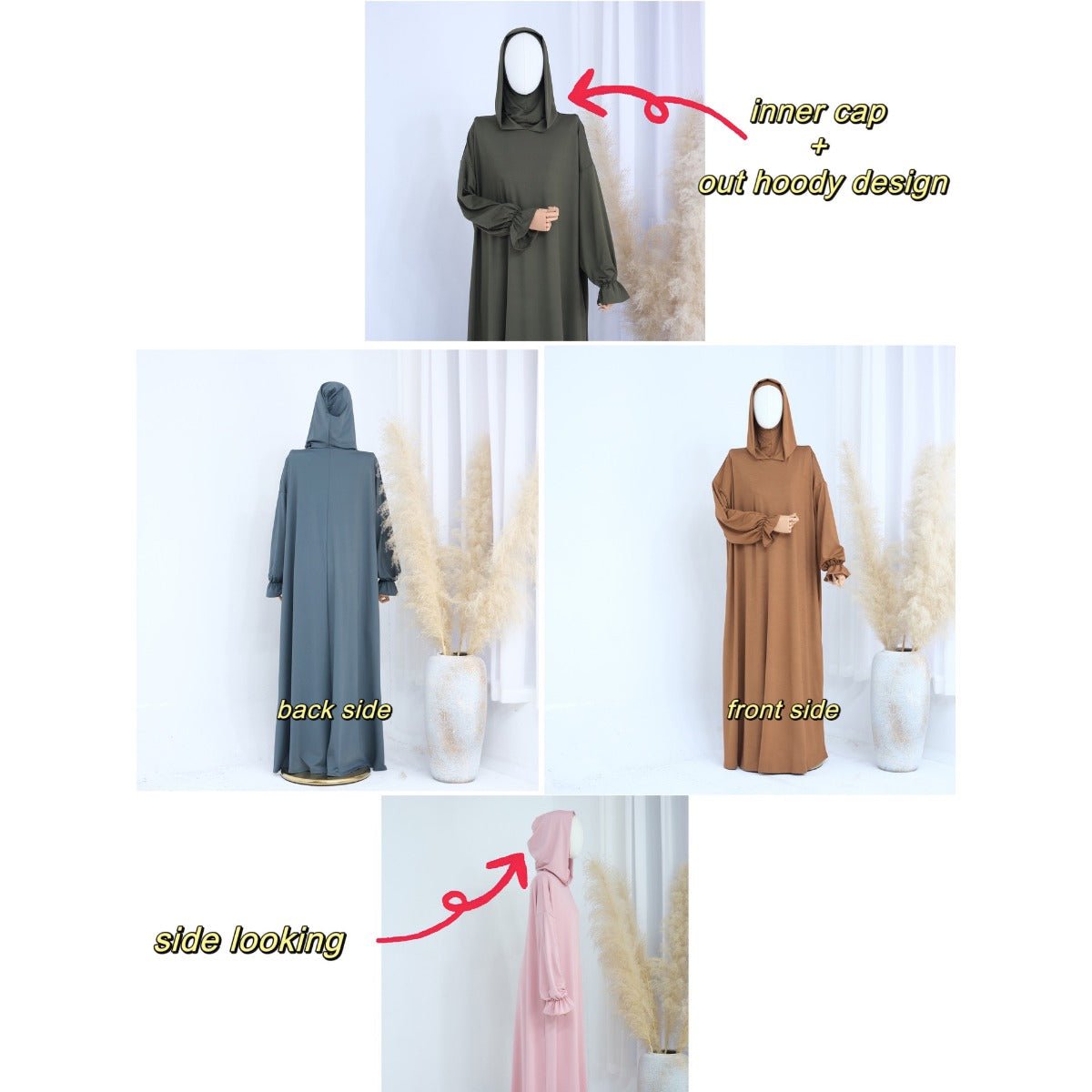 Collection d'Abayas Casual à Capuche Modest | Robes Ton sur Ton avec Manches Bouffantes (MJ021)