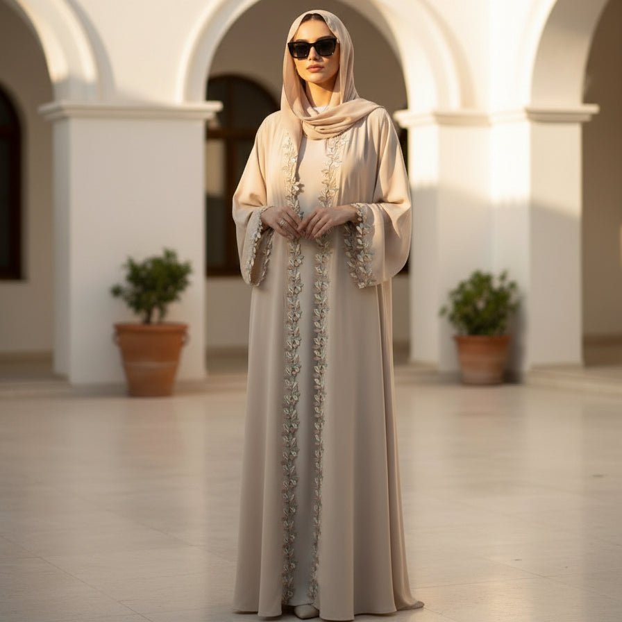 Abaya Leaf Lace Trim | Robe Maxi Ouverte Brodée et Élégante (MOA255)