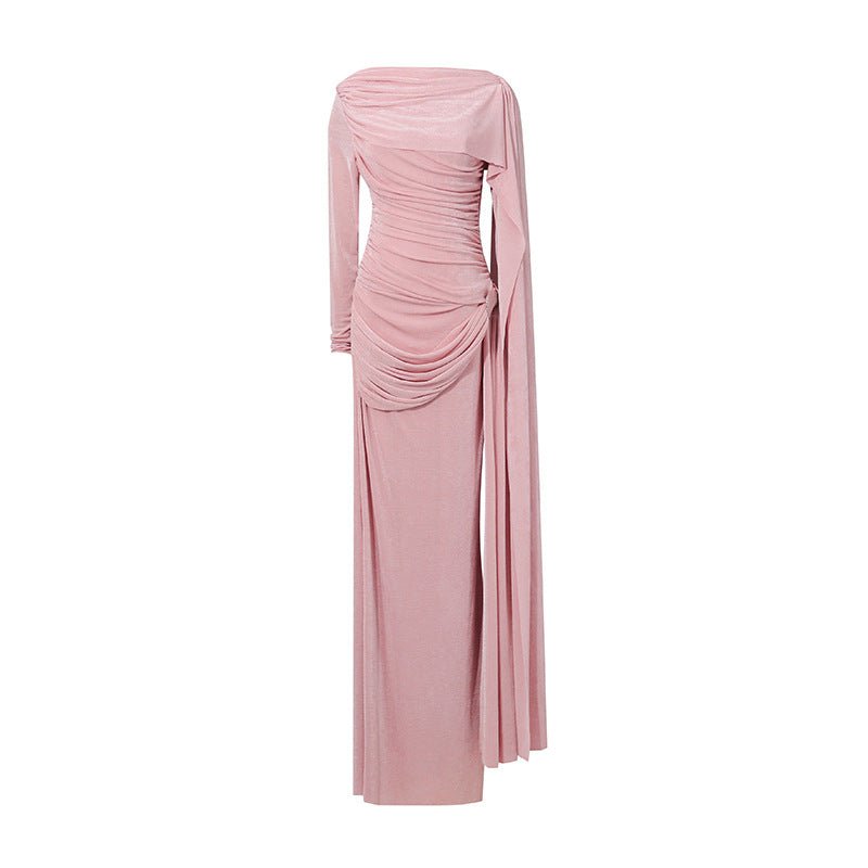 Robe Longue Cape Drapée en Diagonale | Robe Maxi Asymétrique à Manches Longues Drapées (MS222)