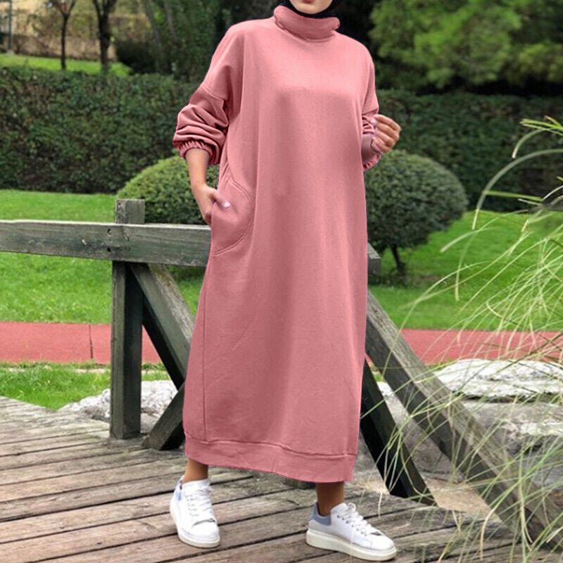 Robe Maxi Col Roulé Doublée Automne Hiver | Robe Sweat Décontractée avec Poignets Élastiqués (MS138)