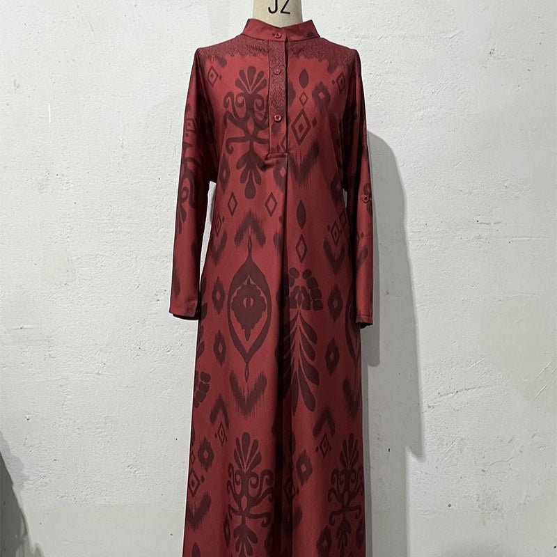 Robe Maxi Modeste à Manches Longues | Caftan Élégant à Motif Ethnique (MA379)