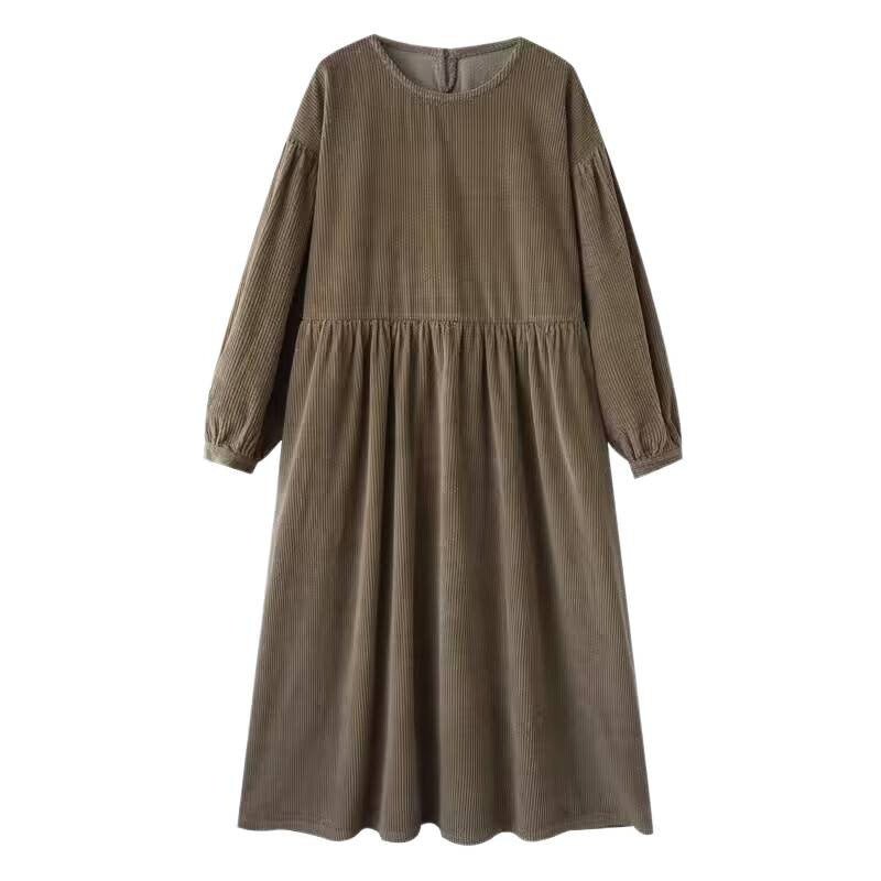 Robe Maxi en Velours Côtelé à Manches Bouffantes avec Poches | Robe d'Hiver Vintage en Velours Côtelé Doux (MS205)