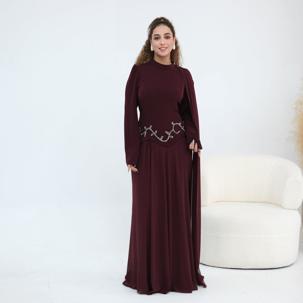 Robe Maxi Cape Sleeve à Taille Perlée(MS499)