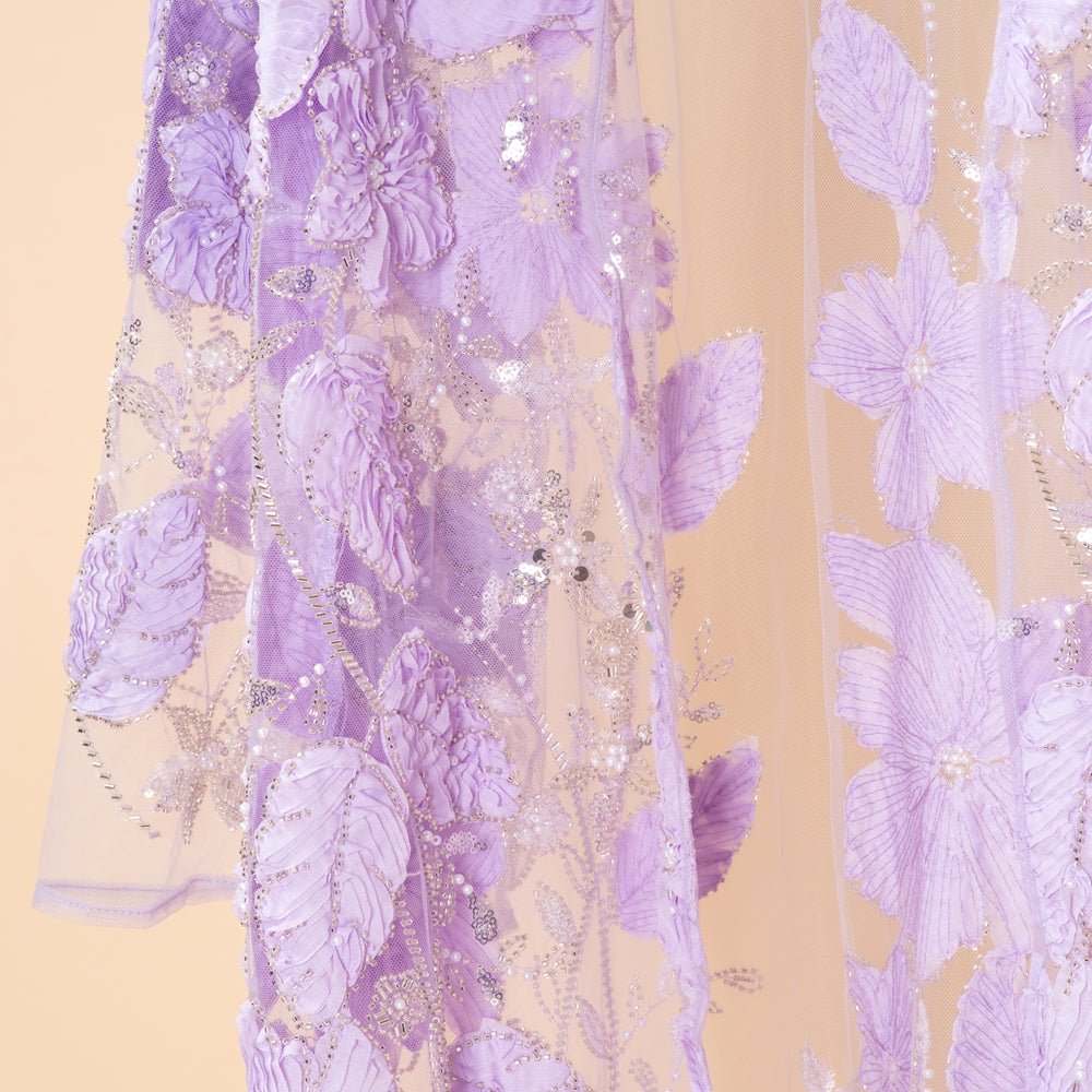 Abaya Mesh Brodée Perlée Floral 3D de Luxe à Ouverture – Abaya d'Occasion Lavande (MOA304)
