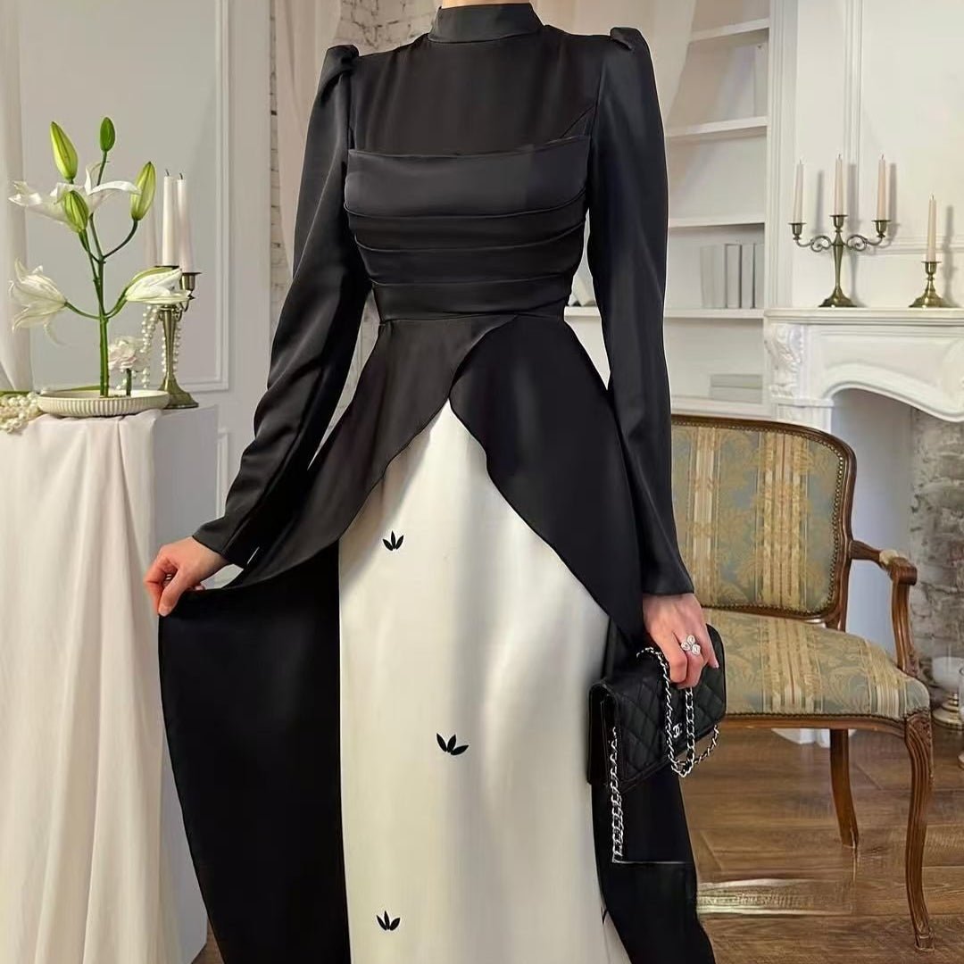 Robe de soirée en satin colorblock avec traîne (MA351)