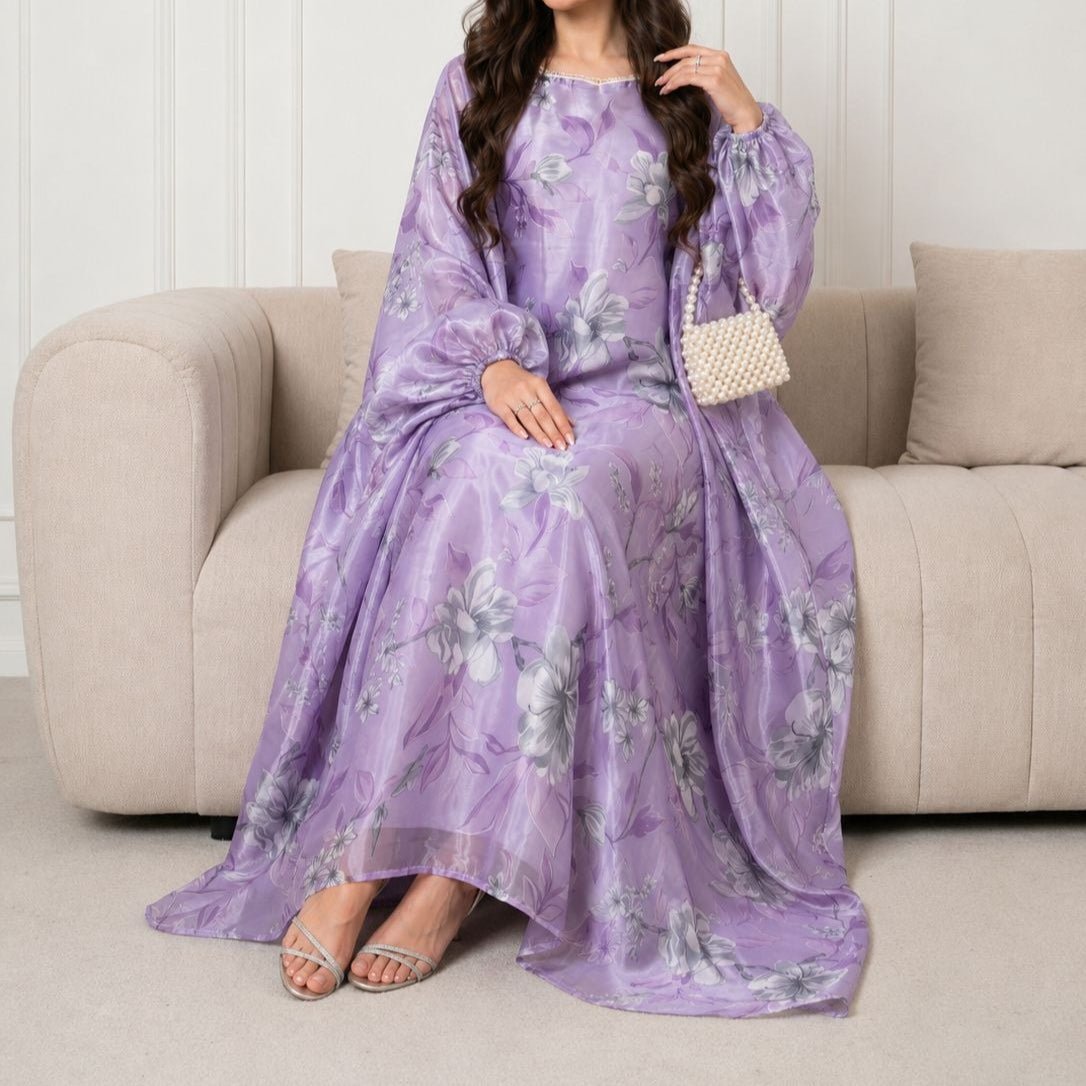 Robe Maxi Effet Organza Imprimé Floral avec Encolure Carrée Perlée (MA457)