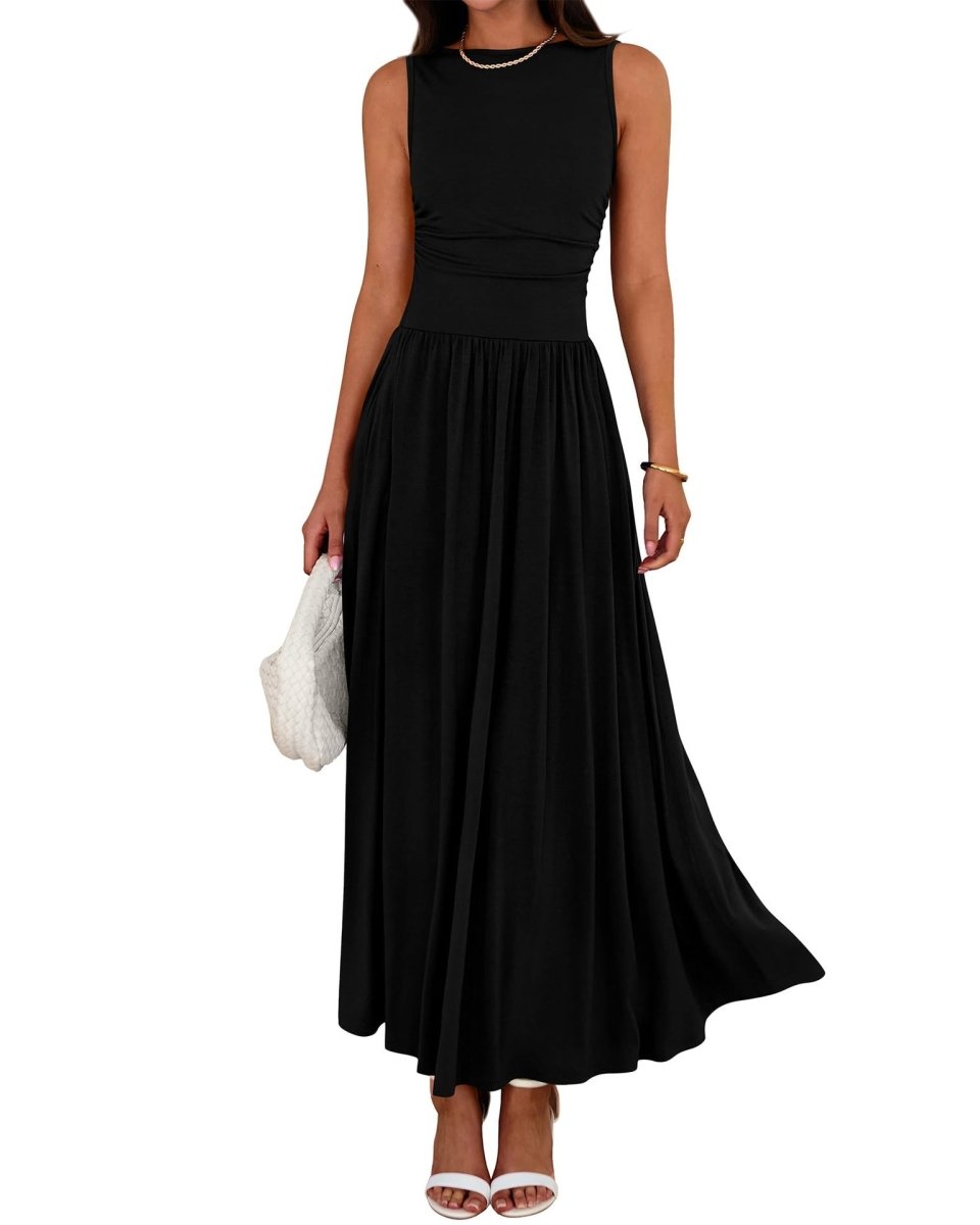 Robe Maxi Sans Manches à Taille Froncée avec Poches (MA395)