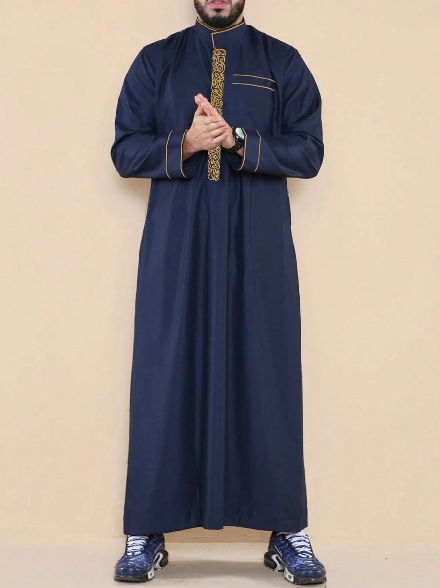Thobe Premium Brodé à Col Officier Marine & Blanc, Coupe Ample Robe Musulmane avec Broderie Dorée - Tenue Décontractée Modeste (MT034)