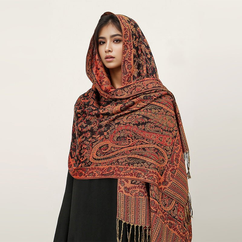 Hijab Vintage Shawl à Motif Fleur de Cajou avec Pompons (MH101)