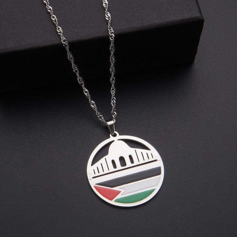 MAC100 Collier pendentif en acier inoxydable vintage, carte de la Palestine et motif keffieh