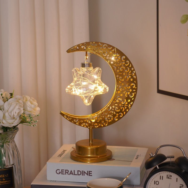 Lanterne Ramadan Étoile et Croissant en Fer, Bougeoir Décoratif de Fête (MAC399)