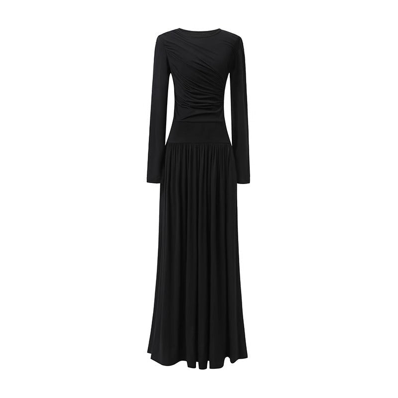 Robe en Maille Asymétrique Froncée avec Jupe Plissée (MS343)