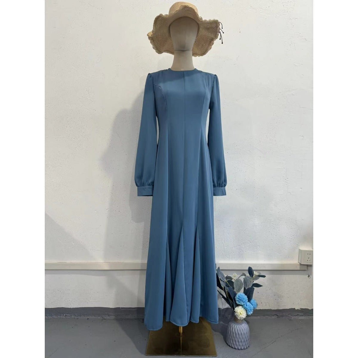 Robe Abaya Sirène en Mousseline Bleue à Manches Longues, Style Cour Élégant Printanier (MA222)