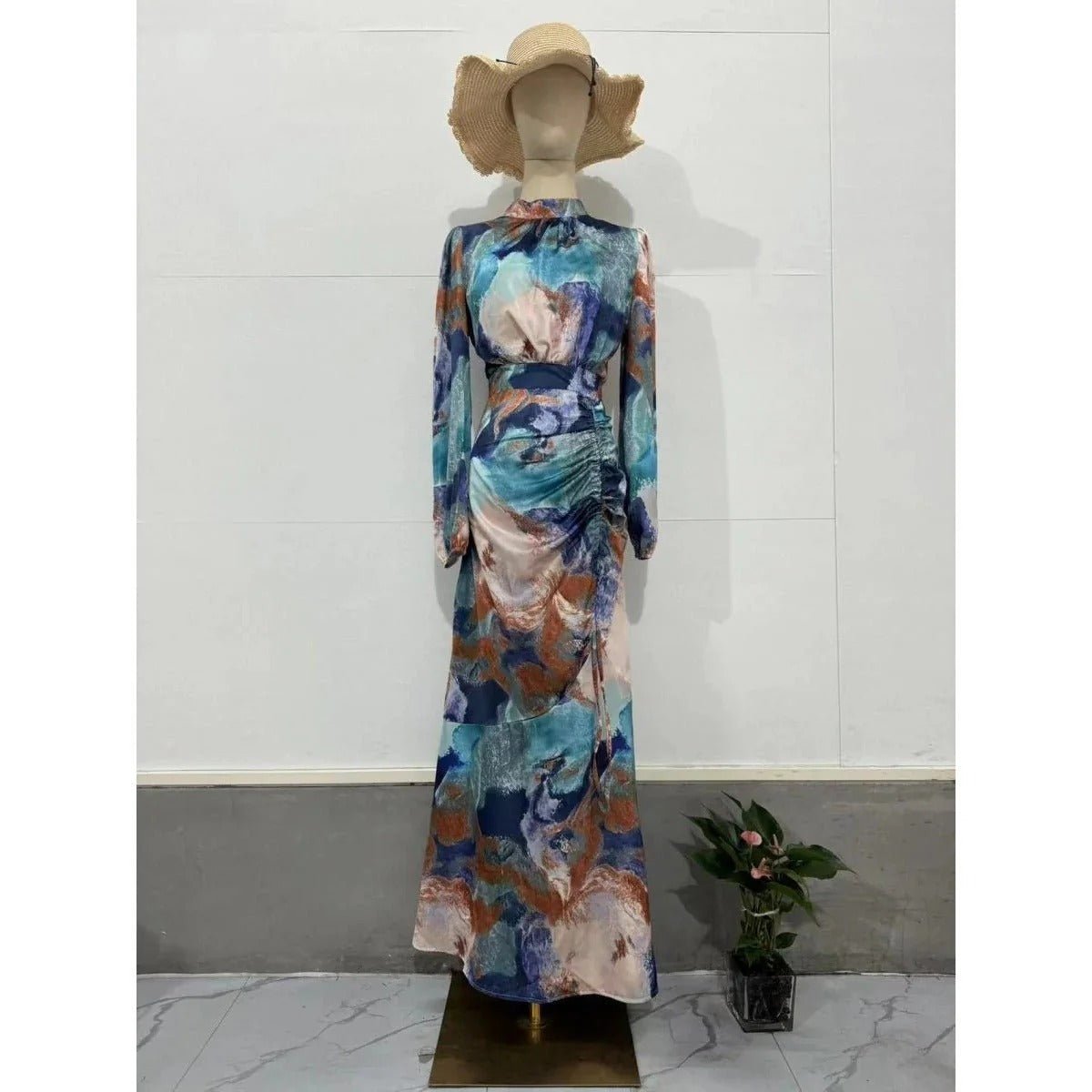 Abaya à Manches Cloche Plissées à Imprimé Exotique (MA166)