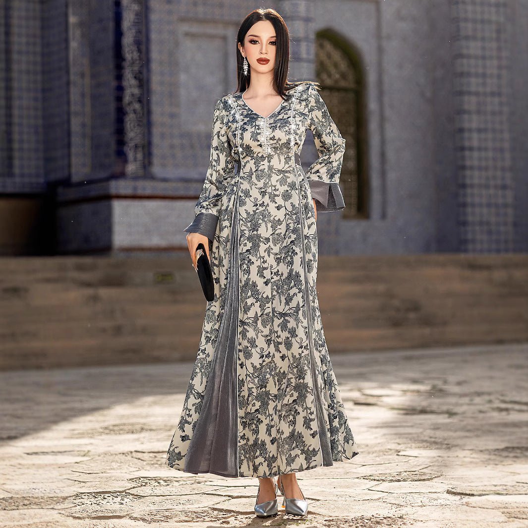 Robe Maxi élégante à col en V, en satin, avec fleurs brodées à la main de perles et de cristaux, manches longues, avec Abaya grise (MA192)