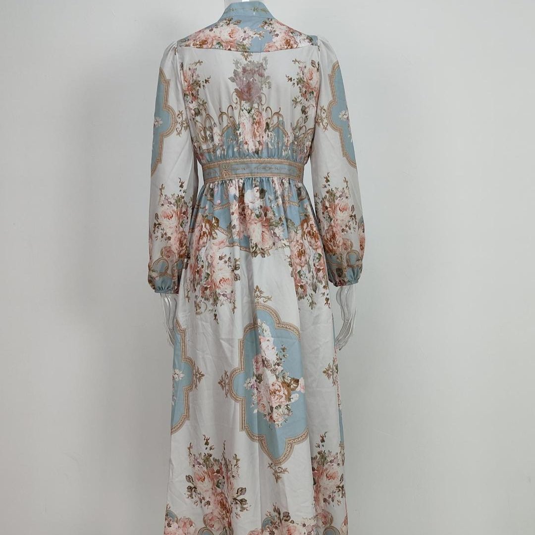 Robe Longue Fleurie Vintage | Robe Style Victorien à Col en V et Manches Longues (MA378)
