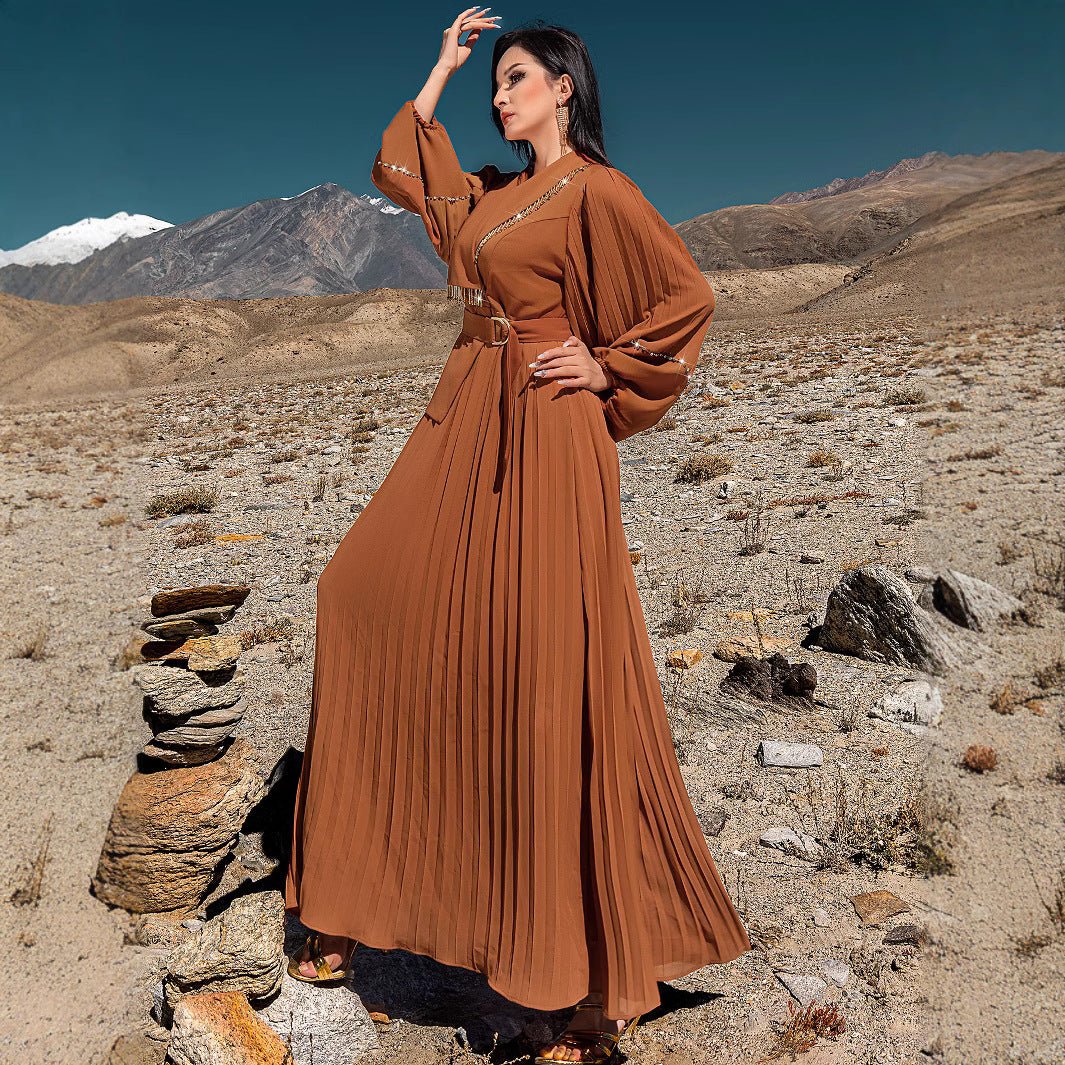 Robe Maxi Plissée à Col en V Perlée à la Main | Robe à Cristaux avec Manches Bouffantes (MS212)