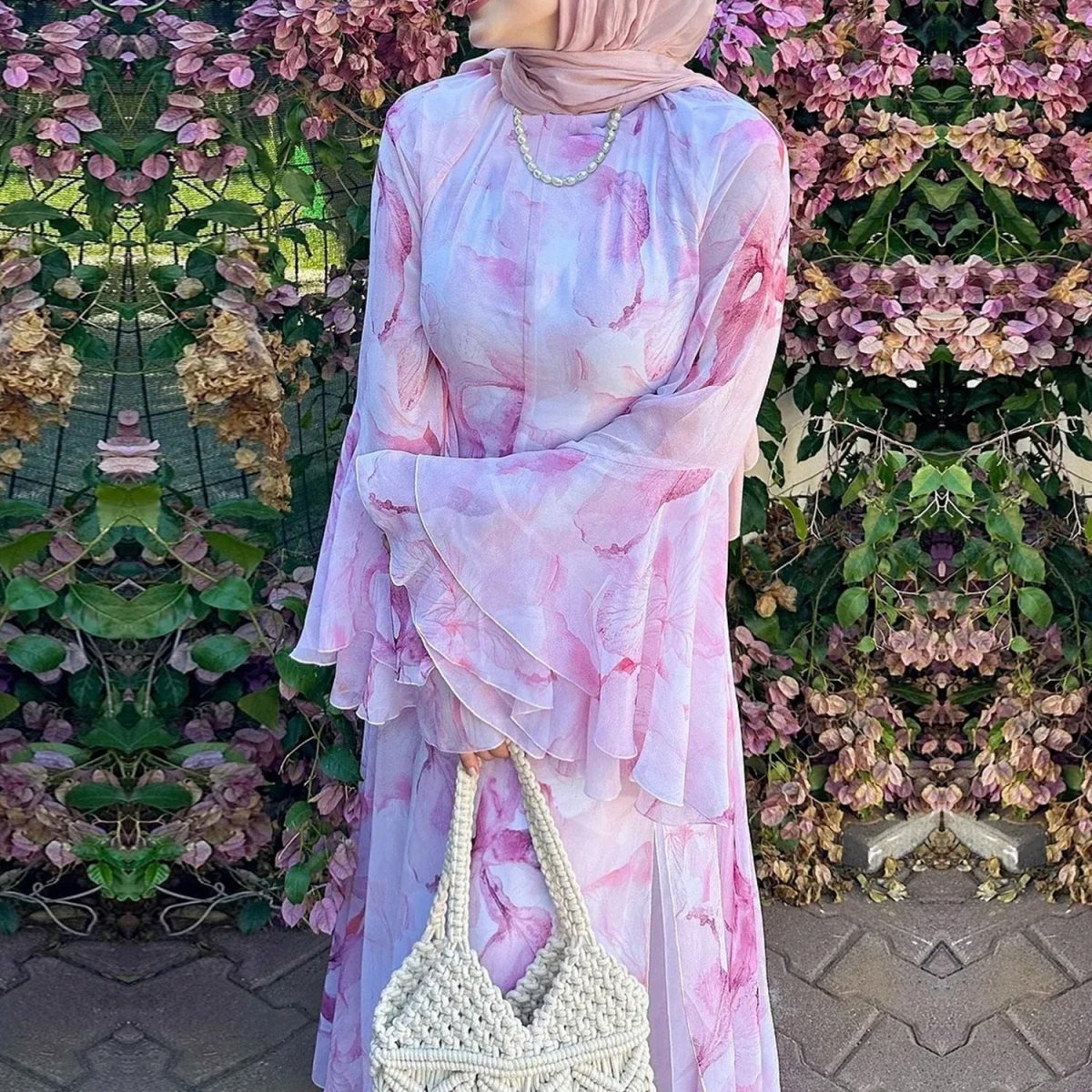 Robe maxi imprimée aquarelle à double couche et manches évasées (MS479)