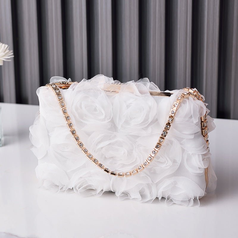 Sac de soirée en mousseline rose | Pochette florale avec chaîne en cristal (MAC355)