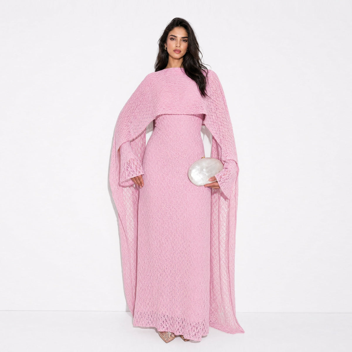 Robe Maxi Doublée à Manches Cape et Dentelle Florale Texturée (MS519)