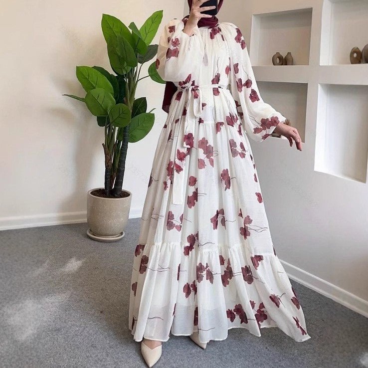 Robe Maxi Fleurie Aquarelle | Robe Étagée à Manches Longues et Ceinture (MS273)