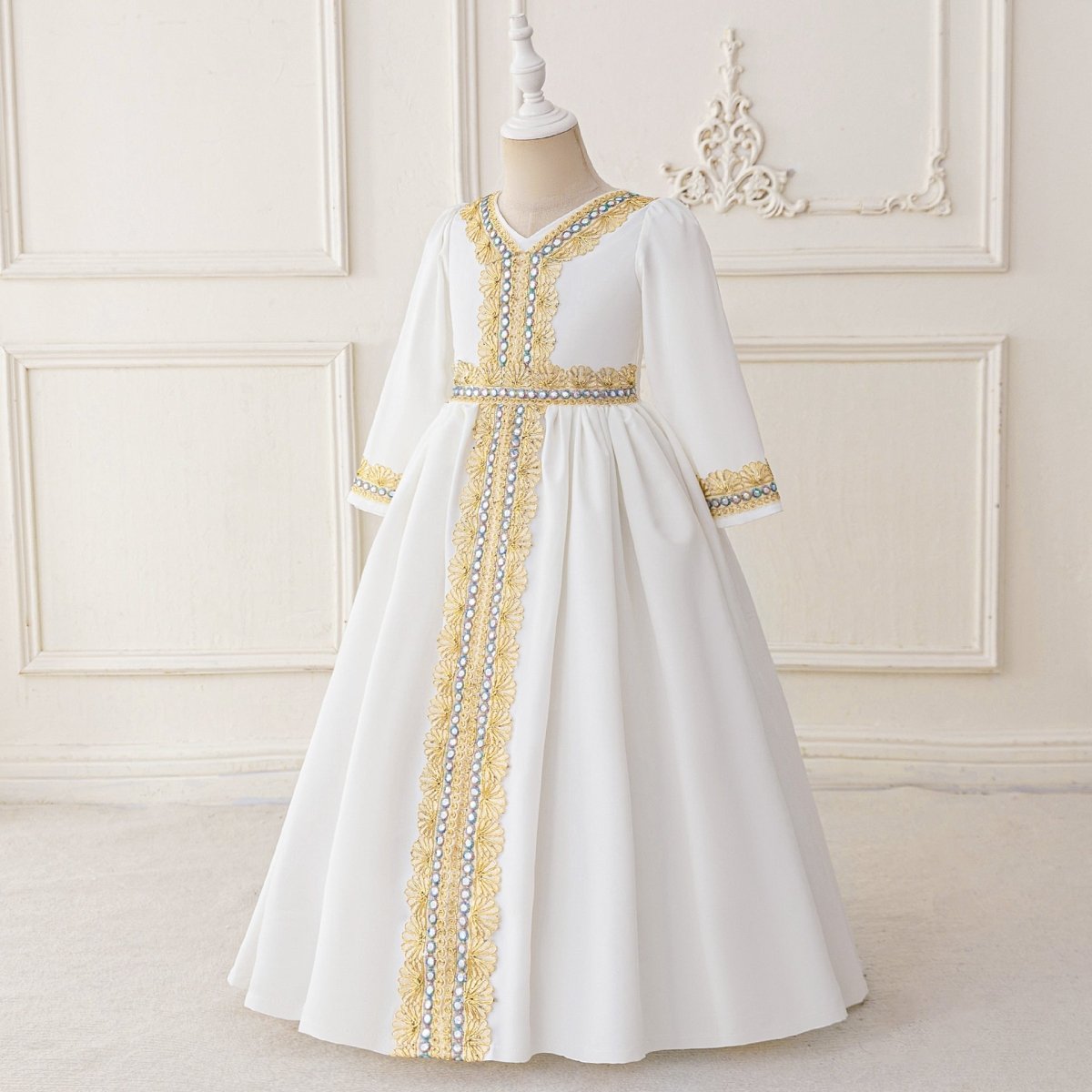 Robe Kaftan Brodée pour Filles avec Ceinture Ornée de Bijoux (MKG021)