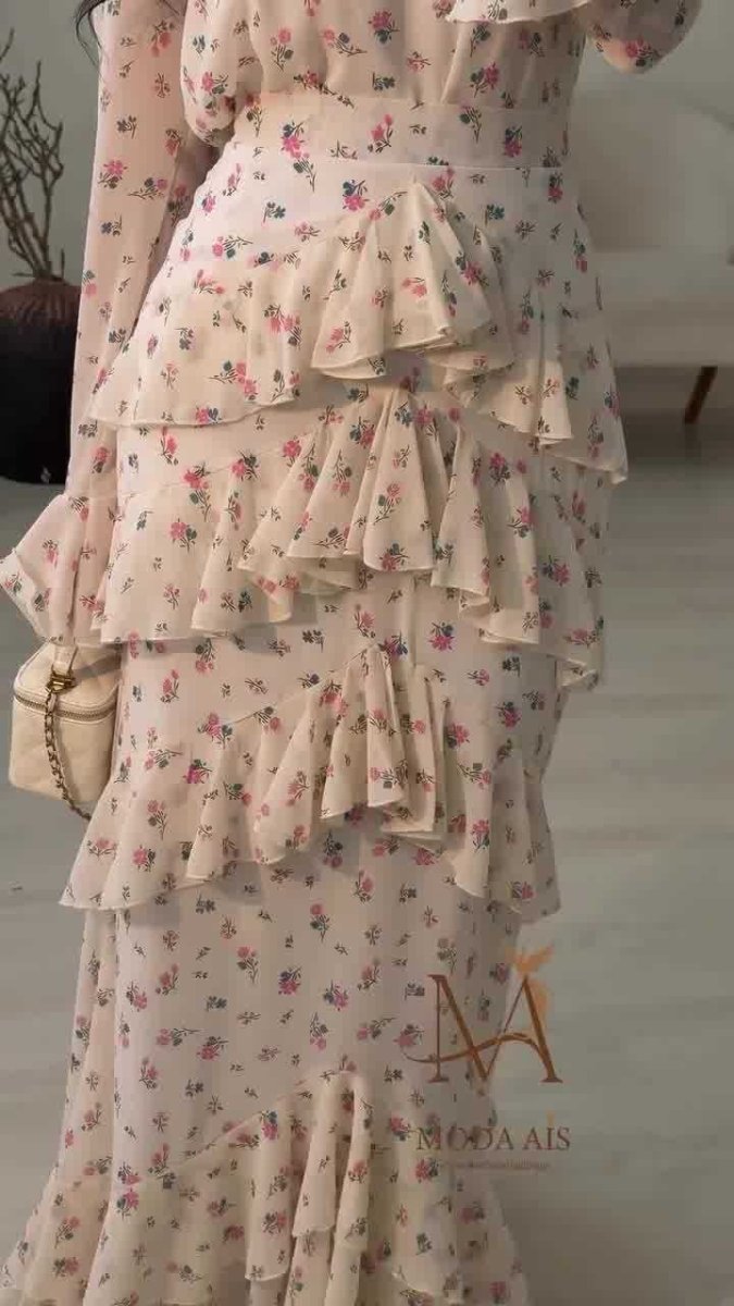 Robe Longue Élégante et Romantique en Mousseline Fleurie, Coupe Sirène à Volants et Manches Longues, Abaya Maxi (MA212)