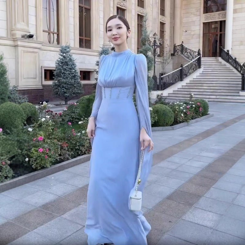 Robe Abaya élégante en satin de soie à manches amples | Robe longue modeste taille haute avec détail de bretelle dos (MA295)