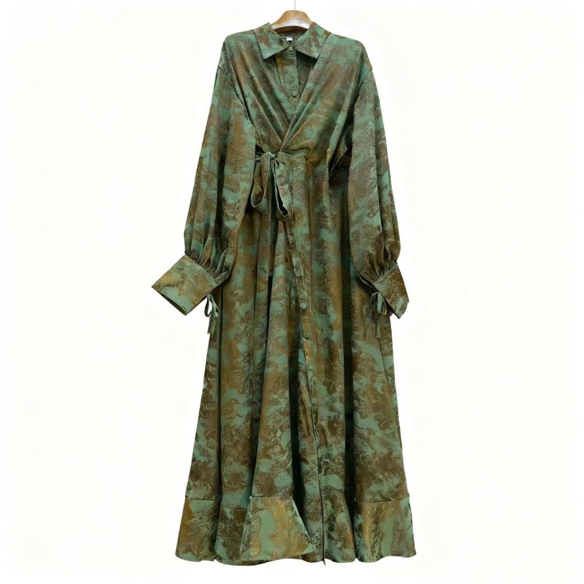 Robe Portefeuille en Jacquard Floral | Robe Maxi à Col et Manches Nouées (MS257)