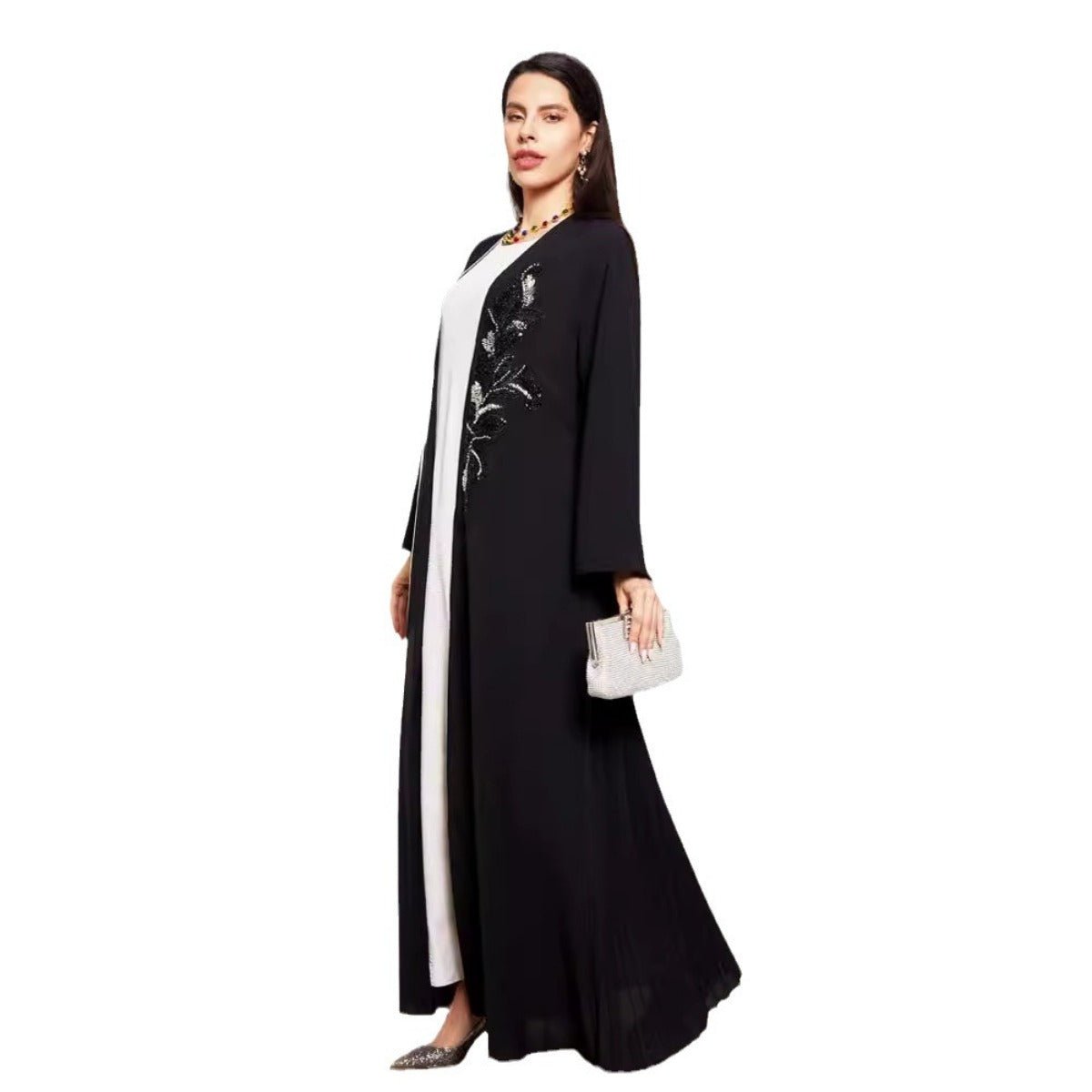 Robe Ouverte Brodée Noire & Argentée - Abaya Élégante et Modeste (MOA216)
