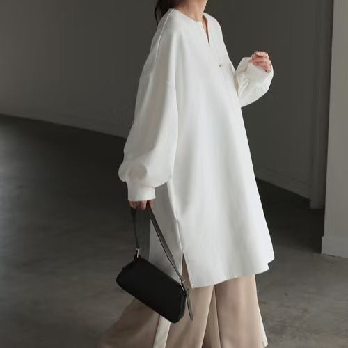 Sweat Tunique Oversize en Coton | Haut Pull Col en V Manches Longues (MS210)
