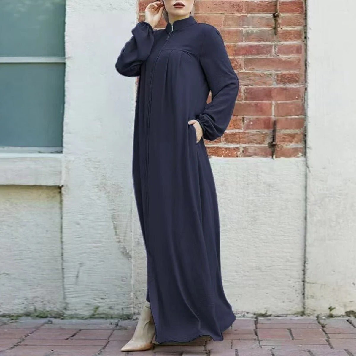 Cardigan long à col montant et fermeture éclair, avec poches | Abaya robe longue maxi modeste (MA155)