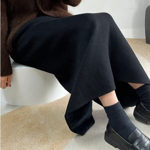 Jupe midi polaire hiver | Jupe en maille chaude taille haute avec fente latérale (MS207)
