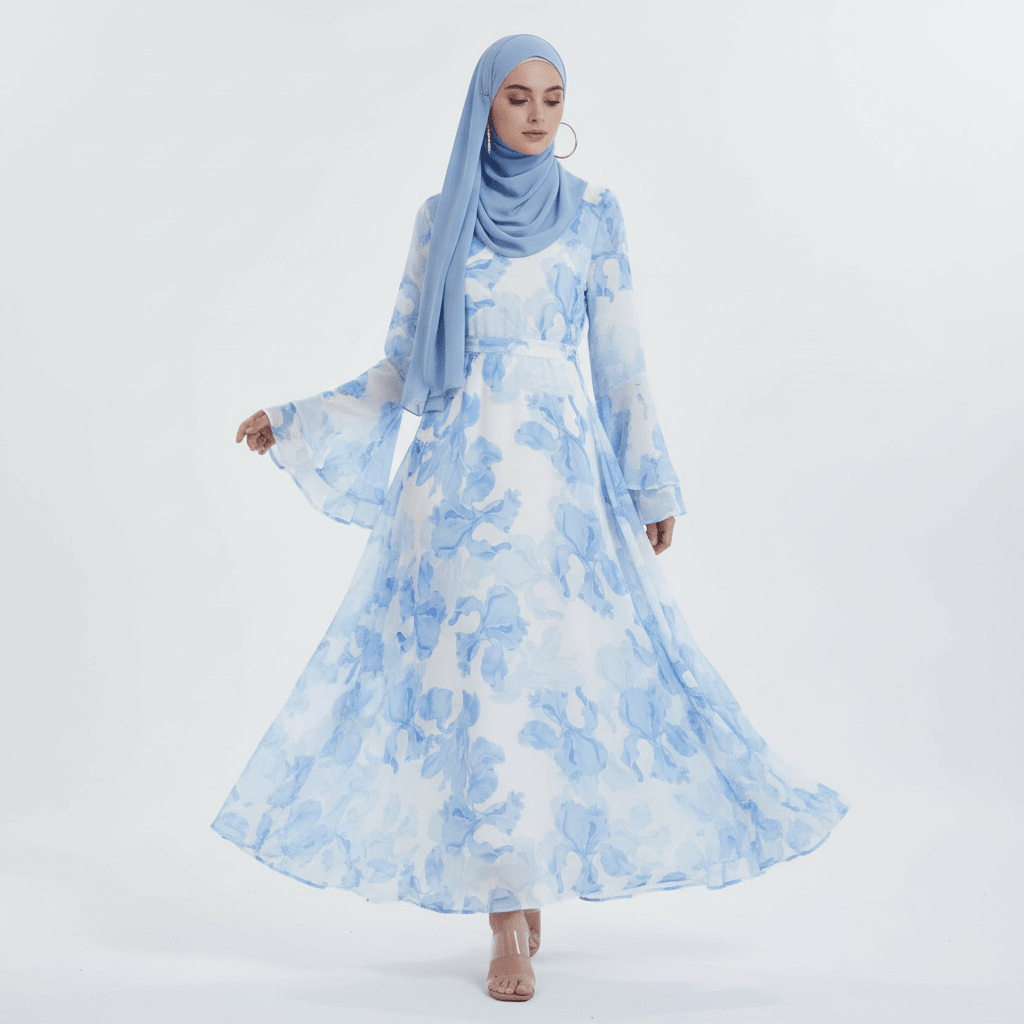 Abaya en mousseline imprimée Blossom | Abaya à manches évasées (MA149)