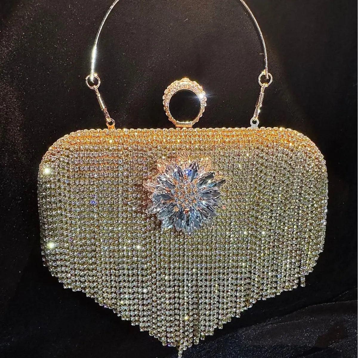 MAC056 Pochette de soirée à pompon, sac à main de luxe orné de strass, pour soirée et bal de promo, avec chaîne amovible